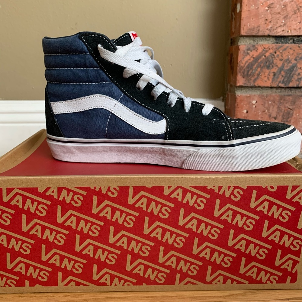 Black and blue high top Vans